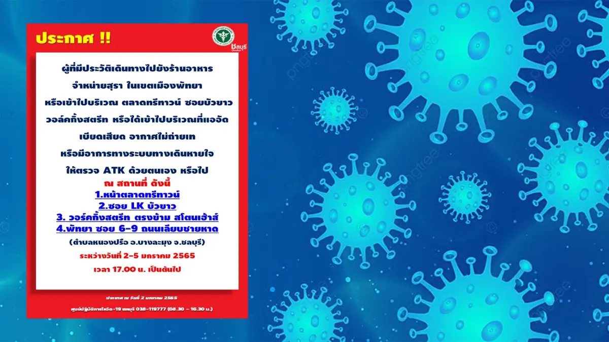 ชลบุรีประกาศ แจ้งผู้มาเยือน 4 พื้นที่เสี่ยง ตรวจ ATK ด้วยตนเอง ชลบุรีประกาศ แจ้งผู้มาเยือน 4 พื้นที่เสี่ยง ตรวจ ATK ด้วยตนเอง