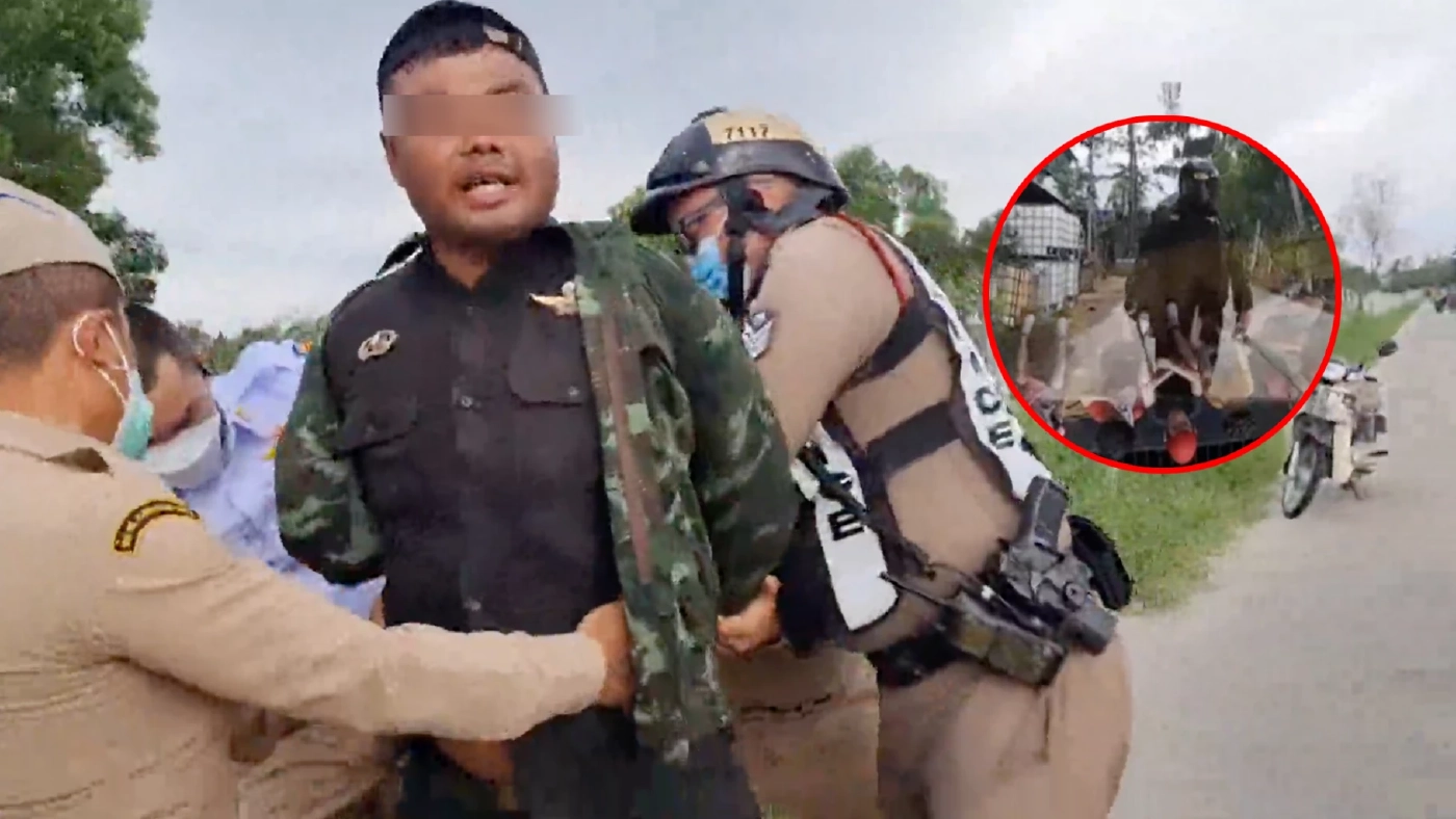 หนุ่มแต่งกาย “คล้ายทหาร” คลั่งถืออาวุธ ไล่ทุบรถประชาชน