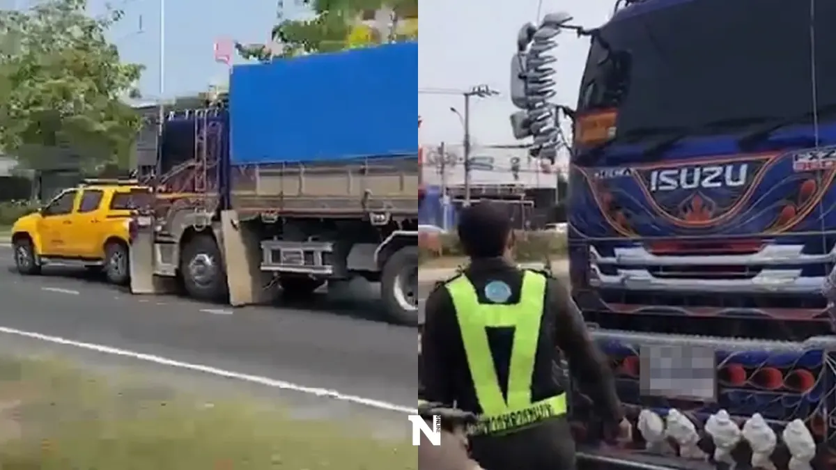 บรรทุกพ่วง22ล้อ "ซิ่งแหกด่าน" ชนยับกระบะทางหลวง จนท.ขับรถไล่ล่า สุดระทึก