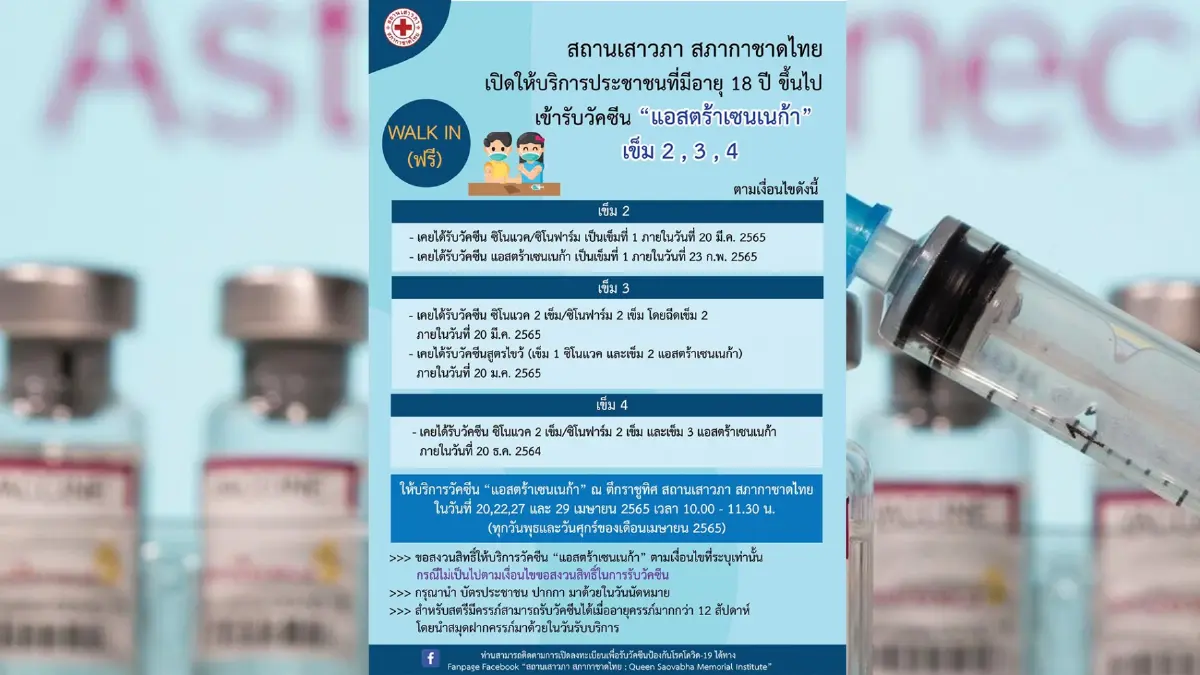สภากาชาดไทยเชิญชวนปชช.อายุ 18 ปีขึ้นไป ฉีดแอสตร้าฯ ฟรี ง่ายๆในแบบวอล์ค อิน สภากาชาดไทยเชิญชวนปชช.อายุ 18 ปีขึ้นไป ฉีดแอสตร้าฯ ฟรี ง่ายๆในแบบวอล์ค อิน