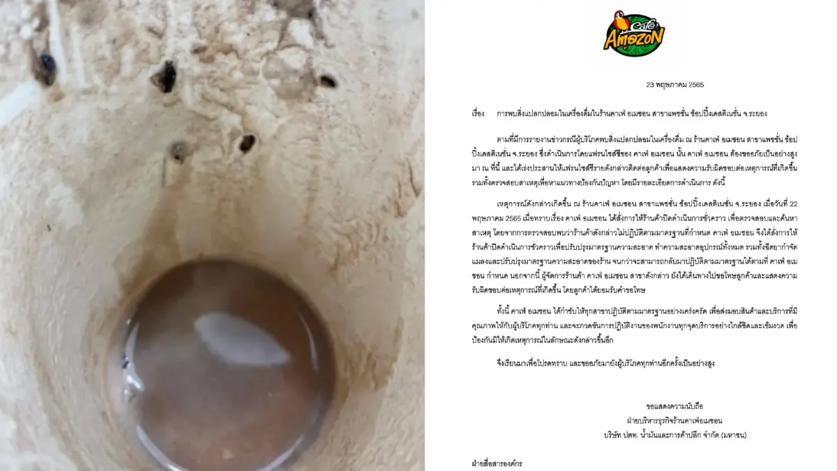 "อเมซอน" สั่งปิดสาขาห้างระยอง หลัง "ลูกค้า" เจอ "ลูกแมลงสาบ" เต็มแก้ว "อเมซอน" สั่งปิดสาขาห้างระยอง หลัง "ลูกค้า" เจอ "ลูกแมลงสาบ" เต็มแก้ว