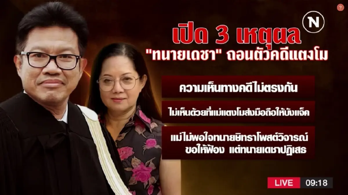 ทนายเดชา แจงยิบ 3 เหตุผลถอนตัว "แม่แตงโม" ทนายเดชา แจงยิบ 3 เหตุผลถอนตัว "แม่แตงโม"