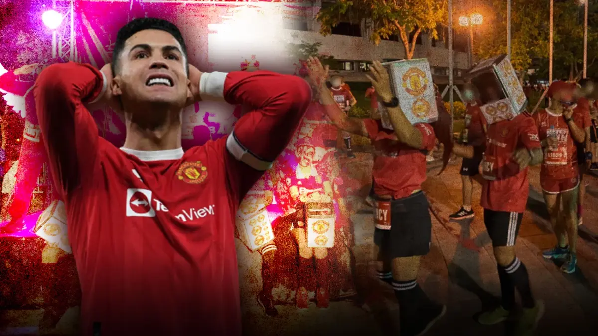 ดราม่างานวิ่ง! แฟนบอลเกรียนสวมเสื้อปลอม "แมนยู" ปี๊ปคลุมหัวล้อเลียนเด็กผี