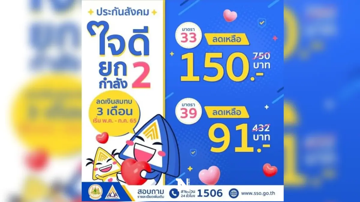 เริ่มแล้ว! ประกันสังคม ลดเงินสมทบ ม.33 ม.39 เริ่มแล้ว! ประกันสังคม ลดเงินสมทบ ม.33 ม.39