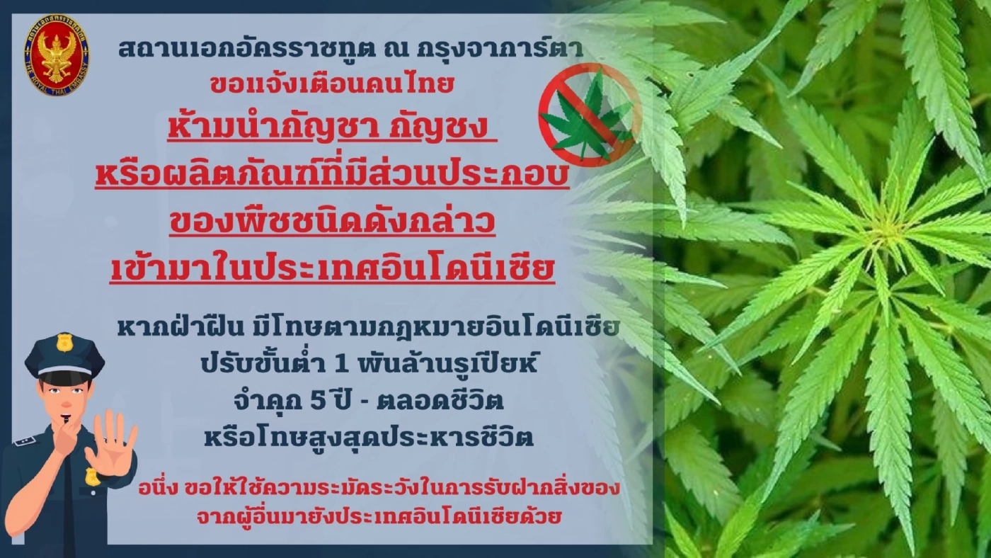 เตือนคนไทย! ห้ามนำกัญชา-กัญชง เข้าอินโดฯ โทษหนักสุดประหารชีวิต ปรับพันล้าน