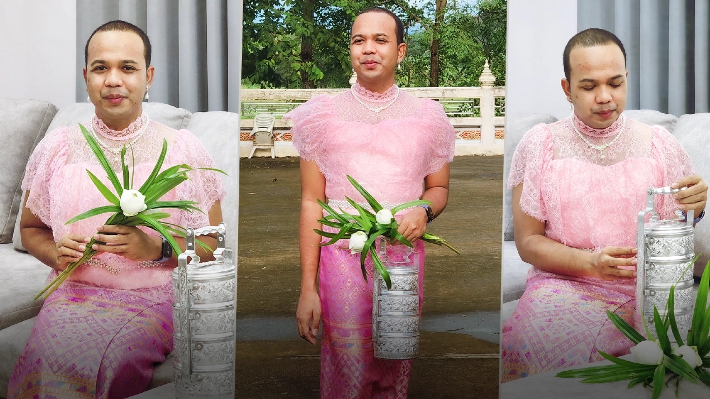 "ไพรวัลย์" โชว์สวม "ชุดไทยสีชมพู" ทำหน้าที่อุบาสิกาหิ้วปิ่นโตเข้าวัด