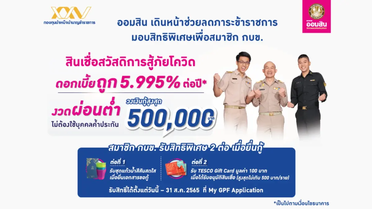 กบข. ร่วมกับ ออมสิน จัดโปรโมชันเพื่อสมาชิก กบข. ในโครงการสินเชื่อสวัสดิการสู้ภัยโควิด คิดดอกเบี้ยถูก งวดผ่อนต่ำ ไม่ต้องใช้บุคคลค้ำ