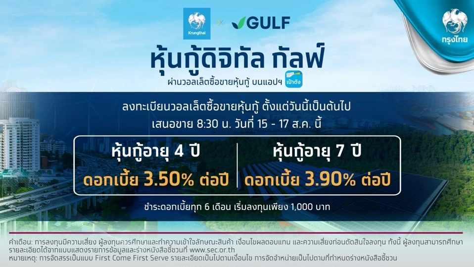 “กรุงไทย”  เปิดจองหุ้นกู้ดิจิทัล  “กัลฟ์”  นี้อัตราดอกเบี้ยสูงสุด  3.90% ต่อปี ผ่านแอป “เป๋าตัง” พร้อมกัน 15 ส.ค. นี้
