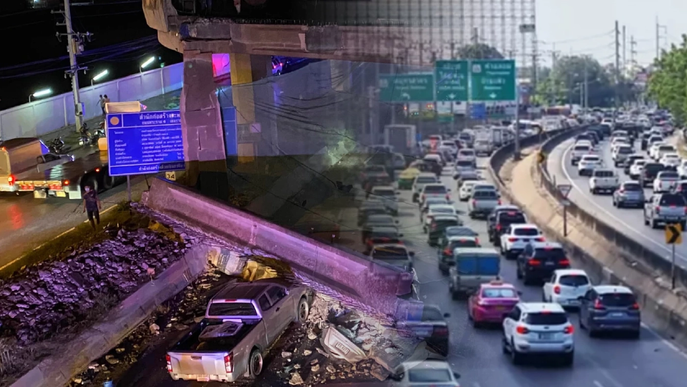 แนะเส้นทางเลี่ยง ถ.พระราม2 หลัง “คานปูนร่วงทับรถ” ทำรถติดหนักเช้านี้