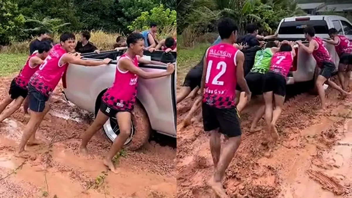 พลังใจเกินร้อย ทีมวอลเลย์บอลชายรวมพลังเข็นรถกระบะติดโคลน พลังใจเกินร้อย ทีมวอลเลย์บอลชายรวมพลังเข็นรถกระบะติดโคลน