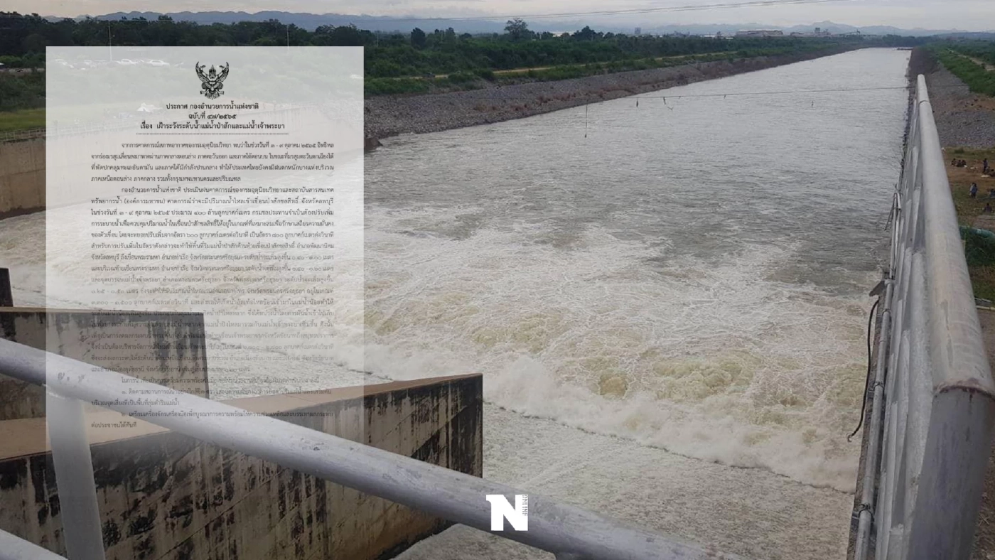ด่วน! กอนช. สั่งเฝ้าระวังระดับน้ำ "เจ้าพระยา-ป่าสัก" เขื่อนปล่อยน้ำเพิ่ม 2 เท่า