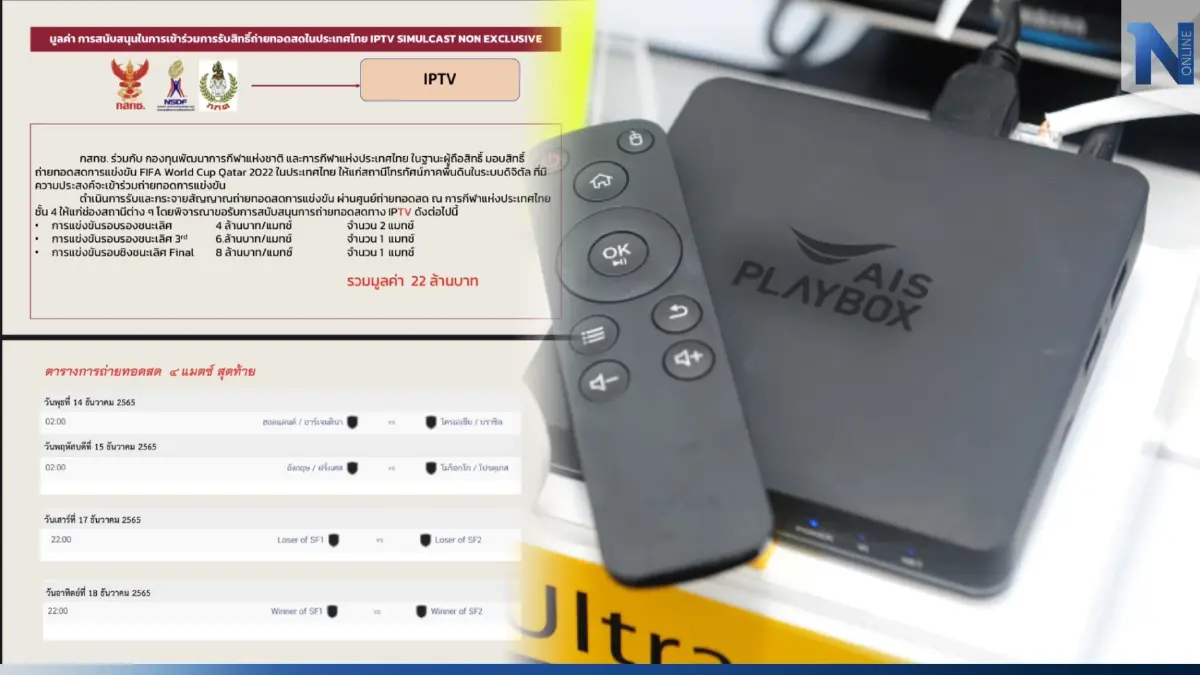 กกท. เรียกเก็บ IPTV 22 ล้าน ค่าลิขสิทธิ์ถ่ายทอดสดบอลโลก 4 แมตช์ สุดท้าย กกท. เรียกเก็บ IPTV 22 ล้าน ค่าลิขสิทธิ์ถ่ายทอดสดบอลโลก 4 แมตช์ สุดท้าย