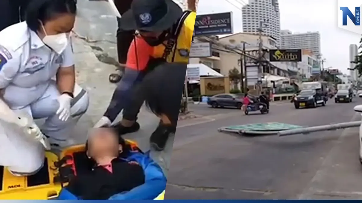 ระทึก! แบคโฮเกี่ยวสายไฟ กระชากป้ายบอกทางเมืองพัทยา ล้มทับชาวบ้านเจ็บ