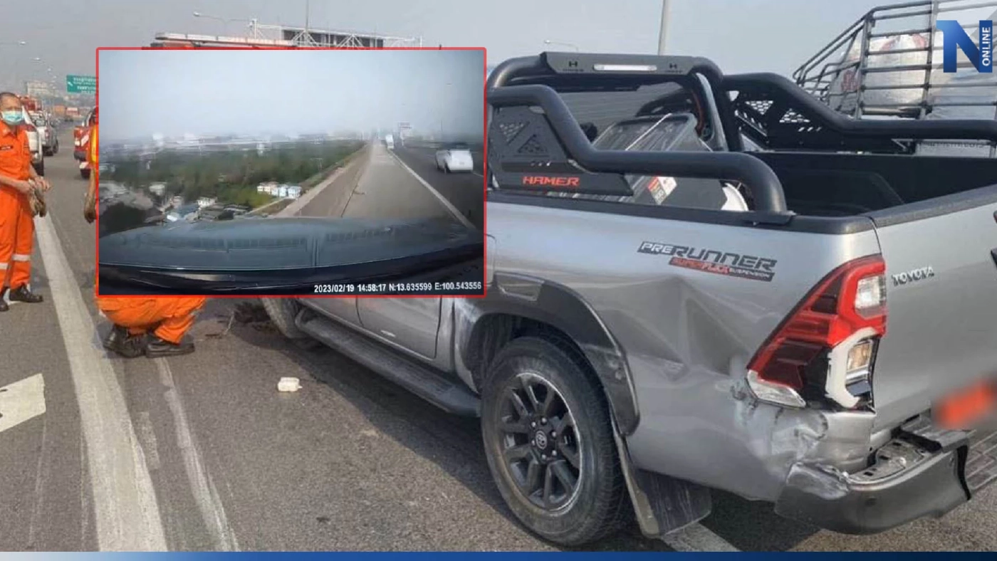 เปิดคลิปกล้องหน้ารถ นาทีกระบะป้ายแดงพุ่งชนขอบทางด่วน