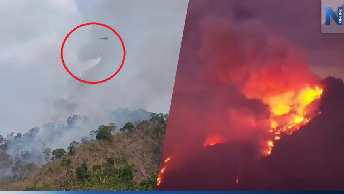 "เฮลิคอปเตอร์" ปภ.-กองทัพบกบินว่อน เร่งดับไฟป่าเขาแหลม ล่าสุดลามเขานางดำ