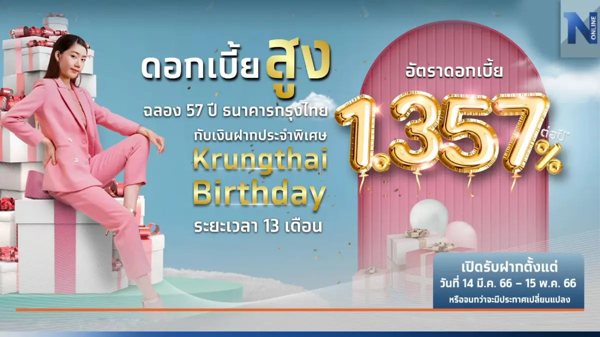 “กรุงไทย” ฉลอง 57 ปี ออกเงินฝาก ระยะเวลา 13 เดือน ดอกเบี้ย 1.357%ต่อปี “กรุงไทย” ฉลอง 57 ปี ออกเงินฝาก ระยะเวลา 13 เดือน ดอกเบี้ย 1.357%ต่อปี