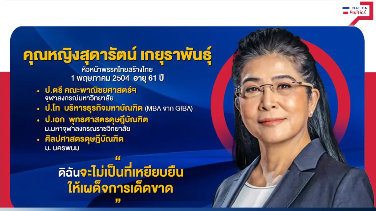 เลือกตั้ง66 เปิดแฟ้ม หญิงแกร่ง "คุณหญิงสุดารัตน์ เกยุราพันธ์ุ" หัวหน้าทสท.