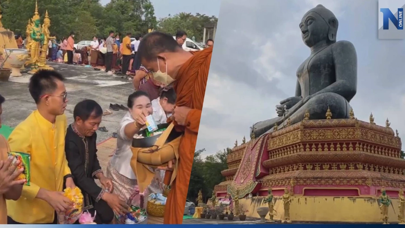ชาวกันทรารมย์ แห่ทำบุญใส่บาตร บูรณะพระแก้วมรกตจำลอง หลังทรุดโทรม