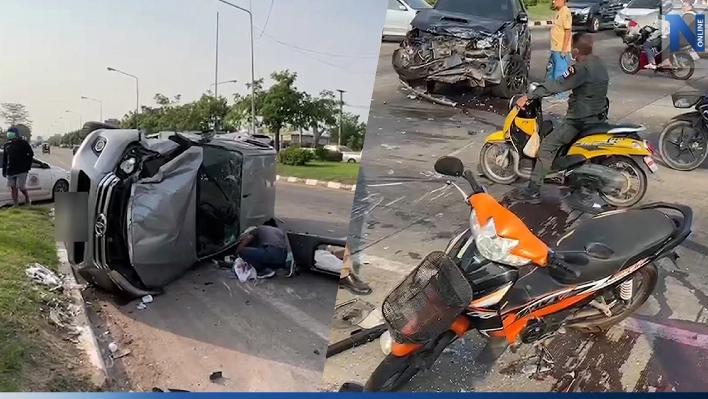 ไฟแดงเสีย! ฟอร์จูนเนอร์พุ่งชนกระบะ ไถลกวาด จยย. รอสัญญาณมือ บาดเจ็บ 2 ราย