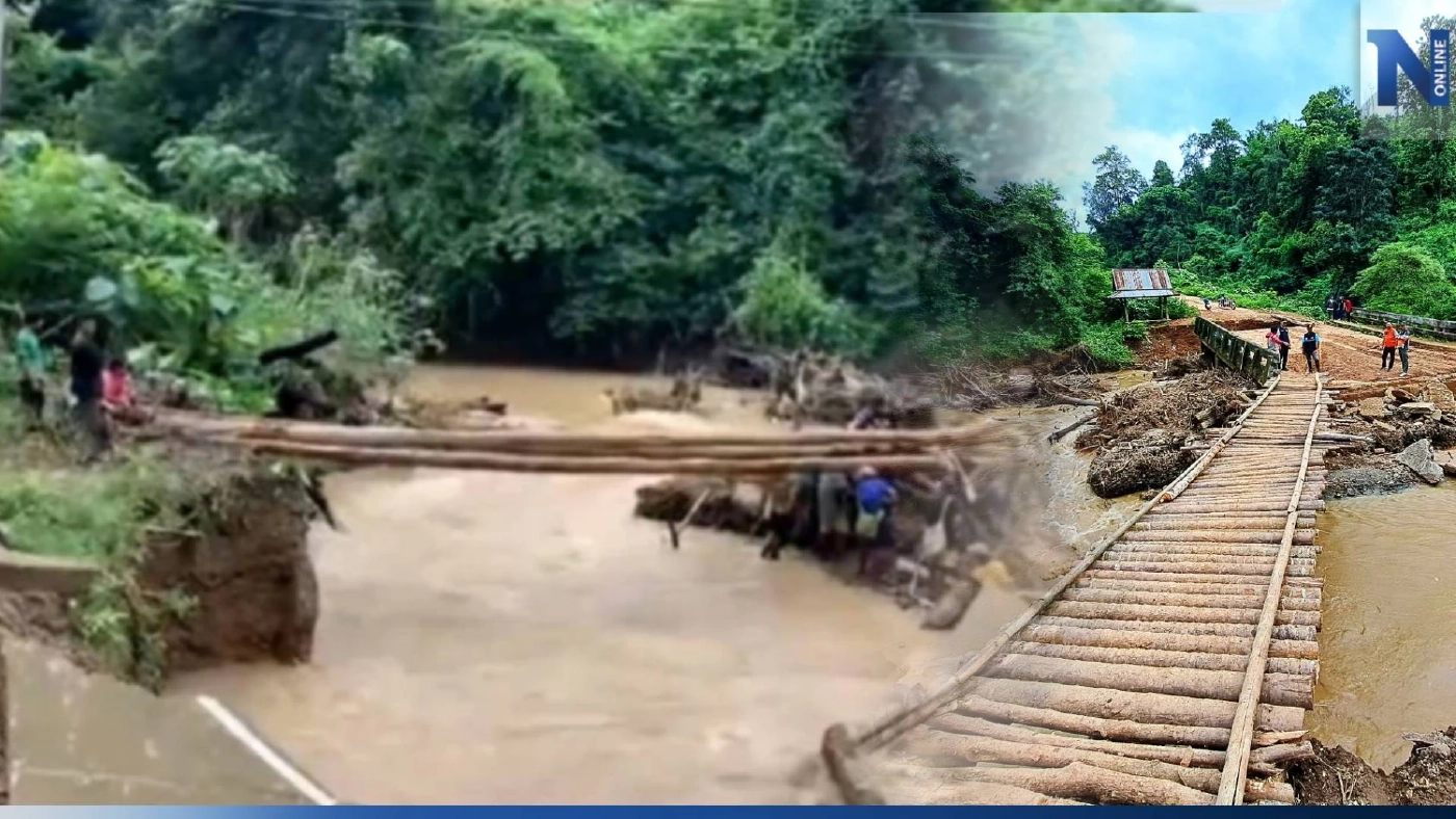 ชาวบ้านร่วมใจ ช่วยกันสร้างสะพานไม้ชั่วคราวข้ามลำห้วย หลังถูกน้ำป่าตัดขาด