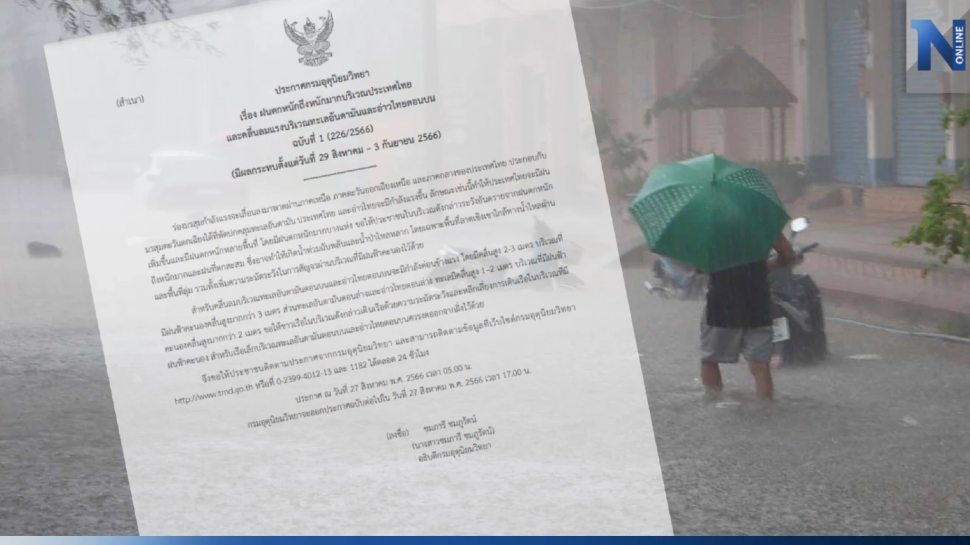 ด่วน! อุตุฯ ออกประกาศแจ้งเตือน "ฝนตกหนักถึงหนักมาก" 29 ส.ค. - 3 ก.ย. นี้