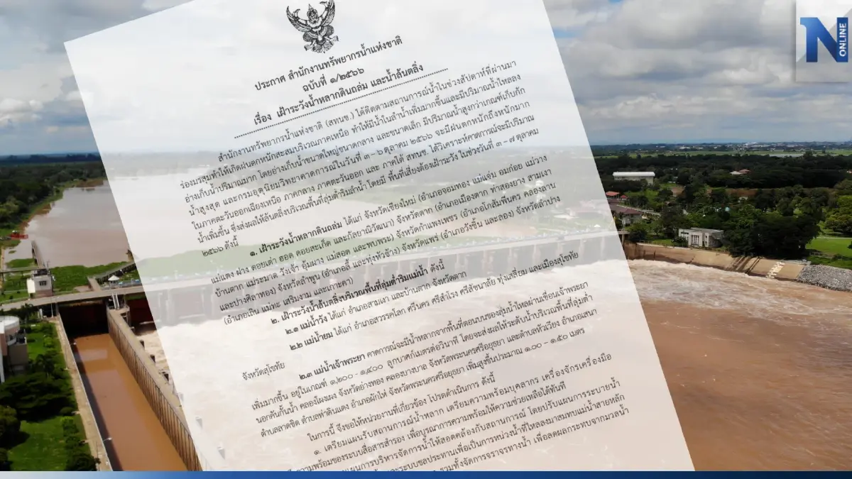 สทนช. เตือนเฝ้าระวังน้ำล้นตลิ่ง "ลุ่มเจ้าพระยา" หลังน้ำเหนือเพิ่มสูงขึ้น
