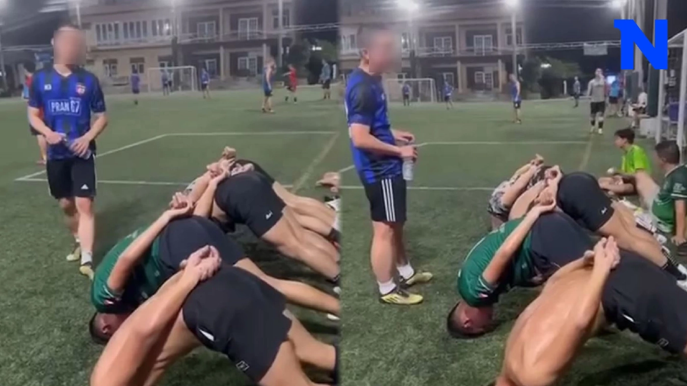 ฟุตบอลไม่กระชับมิตร เปิดคลิปสารวัตรหัวร้อน สั่งลงโทษรุ่นน้อง เอาหัวปักพื้น