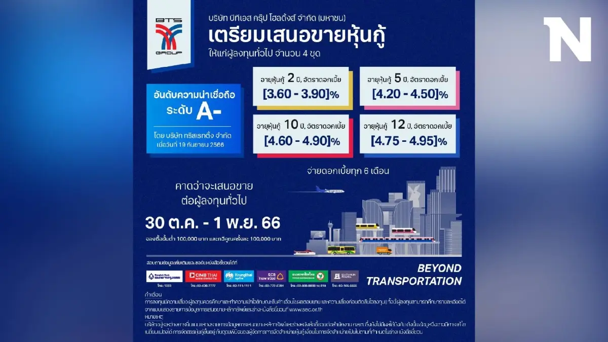 บีทีเอส กรุ๊ปฯ เตรียมออกหุ้นกู้ 4 รุ่น ดอกเบี้ยระหว่าง [3.60 – 4.95]% ต่อปี