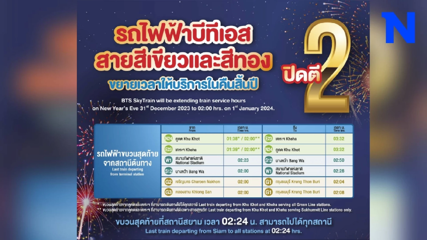 รถไฟฟ้าบีทีเอส - สายสีทอง ขยายเวลาให้บริการถึงตี 2 ในคืนส่งท้ายปีเก่า