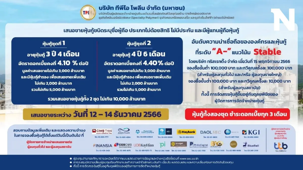 บริษัท ทีพีไอ โพลีน จำกัด (มหาชน) เสนอขายหุ้นกู้ วันที่ 12 – 14 ธันวาคม 2566 นี้ บริษัท ทีพีไอ โพลีน จำกัด (มหาชน) เสนอขายหุ้นกู้ วันที่ 12 – 14 ธันวาคม 2566 นี้