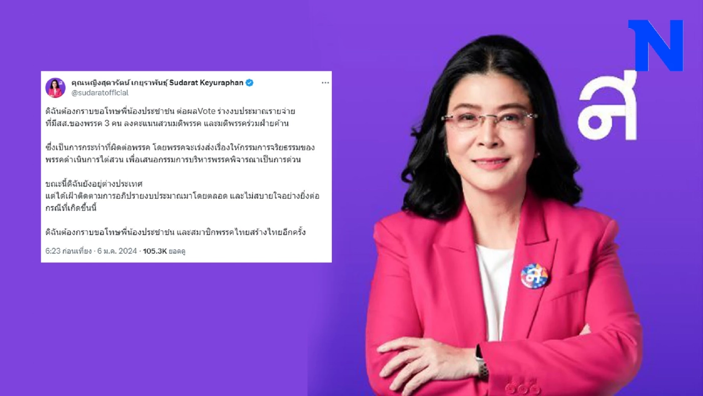 คุณหญิงหน่อย ทวิตขอโทษ ปม 3 สส. โหวตสวนมติพรรค"ไทยสร้างไทย" เห็นชอบร่างงบฯ 67 คุณหญิงหน่อย ทวิตขอโทษ ปม 3 สส. โหวตสวนมติพรรค"ไทยสร้างไทย" เห็นชอบร่างงบฯ 67
