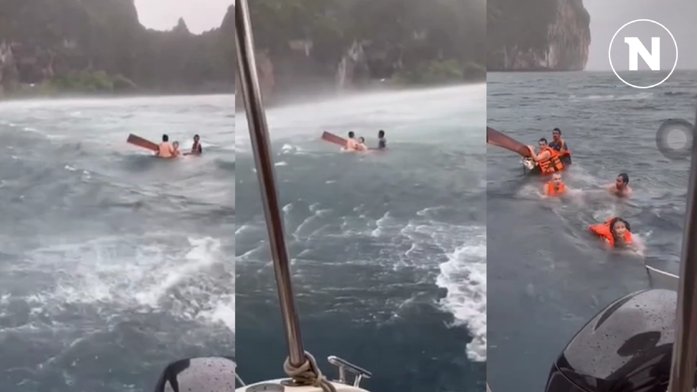 ระทึก! คลื่นลมแรงซัดเรือหางยาวล่มกลางทะเลกระบี่ 2 นทท. ต้องเกาะหัวเรือเอาชีวิตรอด (มีคลิป)