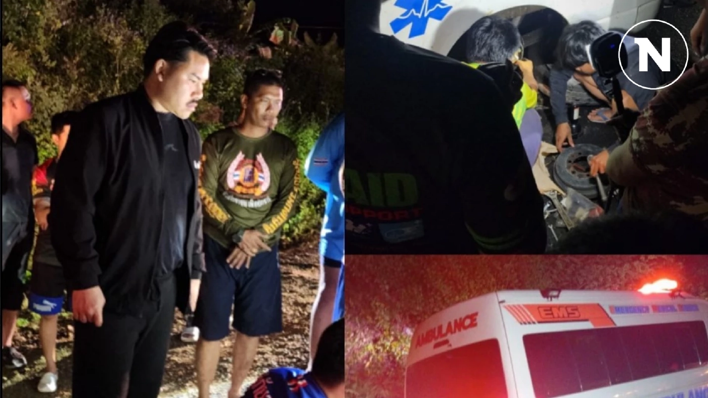 ด่วน! ทีมงานช่วยน้ำท่วม "กัน จอมพลัง" ขับรถวูบลงข้างทาง ยางแตก