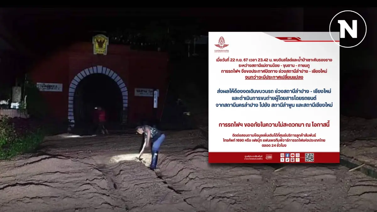 ประกาศด่วน! ดินสไลด์ปิดทางผ่านถ้ำขุนตาล การรถไฟฯแจ้งหยุดสายเหนือทุกขบวน ประกาศด่วน! ดินสไลด์ปิดทางผ่านถ้ำขุนตาล การรถไฟฯแจ้งหยุดสายเหนือทุกขบวน