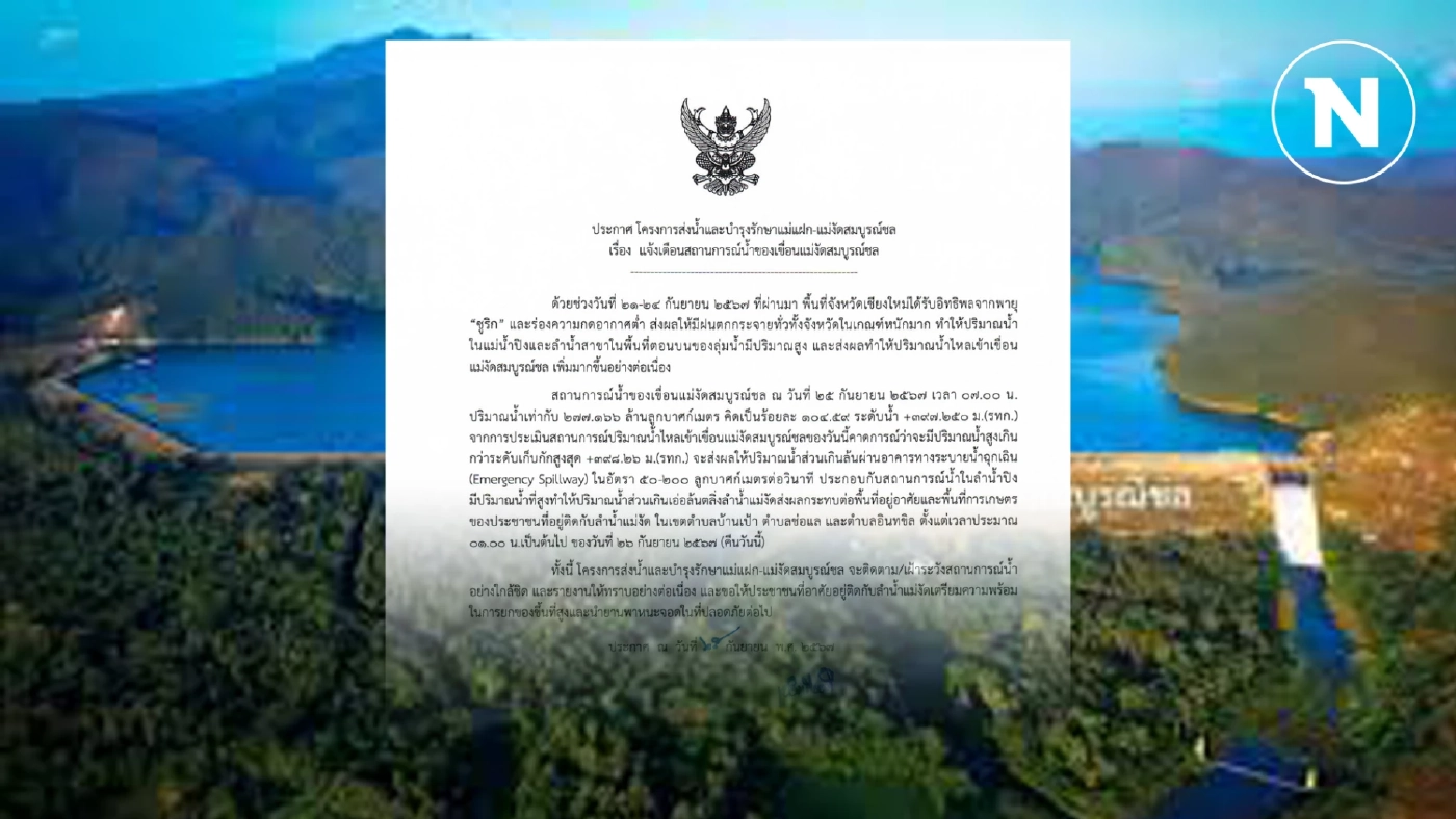 ด่วน! เขื่อนแม่งัดเชียงใหม่เตือนยกของขึ้นที่สูง หลังน้ำในเขื่อนสูงเกินระดับ 104.59%