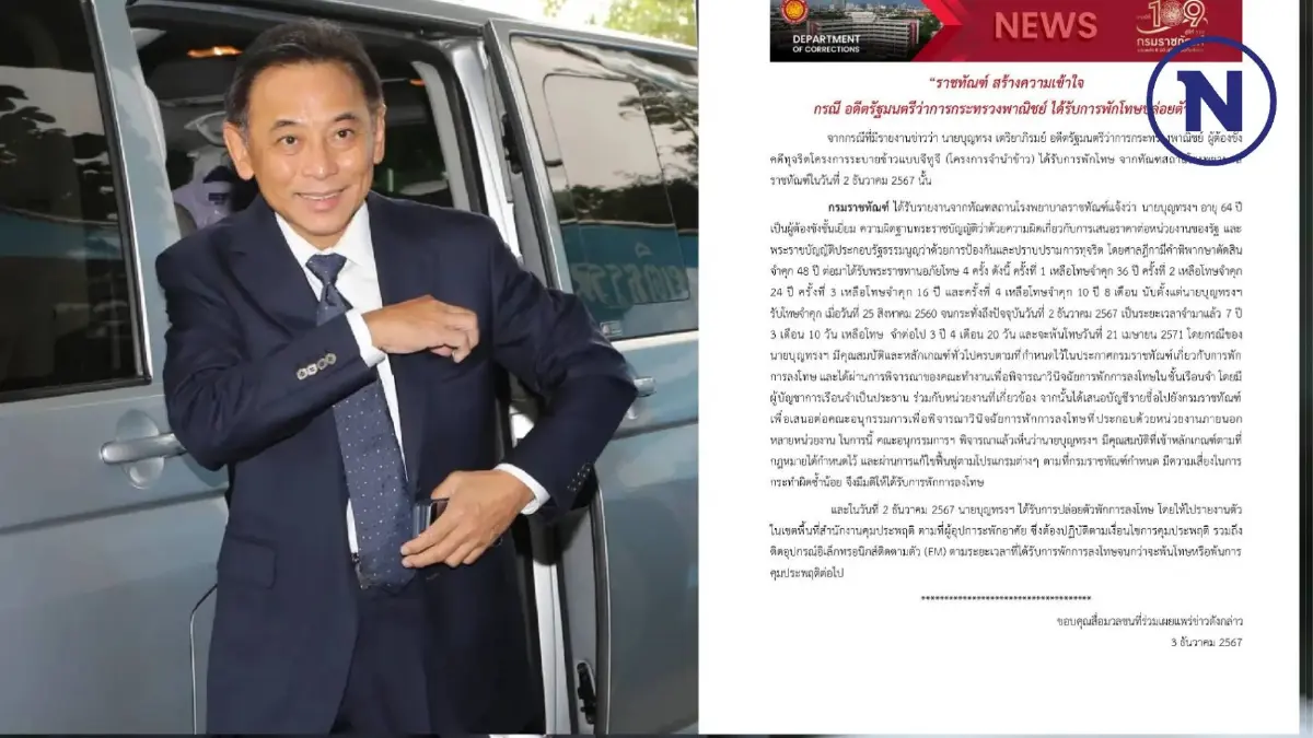 "ราชทัณฑ์" ออกเอกสารแจงทำความเข้าใจ "บุญทรง" ได้รับการ"พักโทษปล่อยตัว" "ราชทัณฑ์" ออกเอกสารแจงทำความเข้าใจ "บุญทรง" ได้รับการ"พักโทษปล่อยตัว"