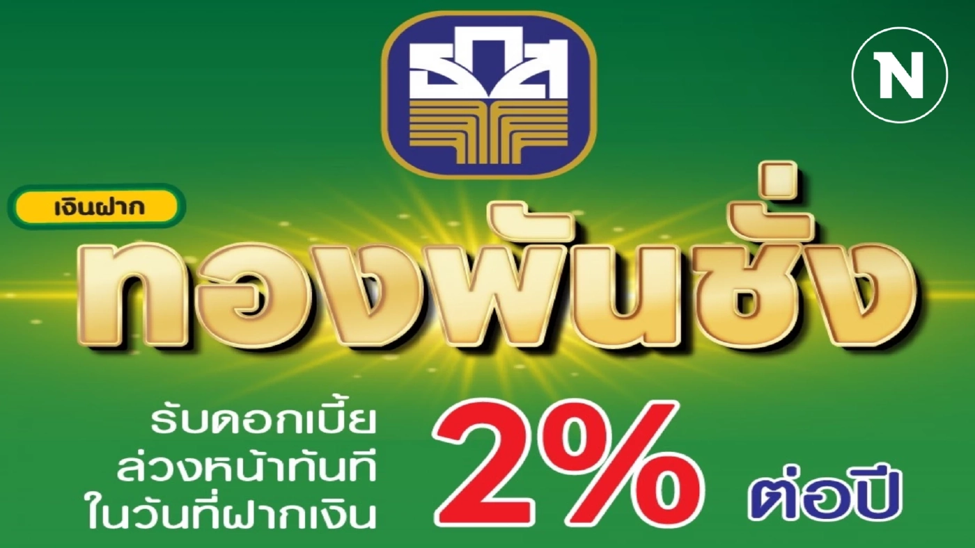 ธ.ก.ส. เปิดตัว 'เงินฝากทองพันชั่ง' ขั้นต่ำ 1 แสน รับดอกเบี้ยทันทีวันที่ฝาก ธ.ก.ส. เปิดตัว 'เงินฝากทองพันชั่ง' ขั้นต่ำ 1 แสน รับดอกเบี้ยทันทีวันที่ฝาก