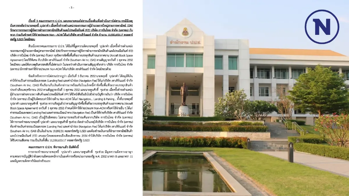 "ป.ป.ช."ฟันผู้บริหารบินไทย ปมทุจริตจัดซื้อพื้นที่ระวางบรรทุกสินค้า
