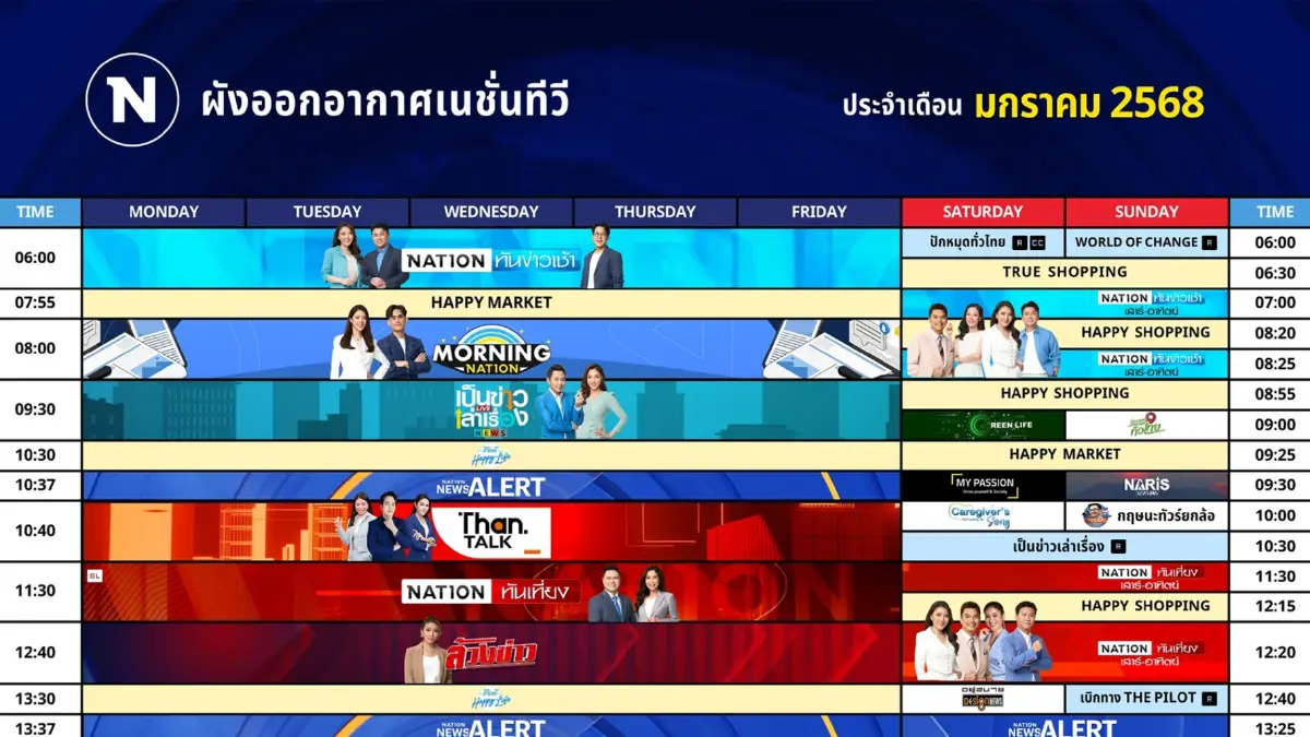 ผังออกอากาศ NationTV ประจำเดือน มกราคม 2568 อัปเดตล่าสุด 27 ม.ค.68 ผังออกอากาศ NationTV ประจำเดือน มกราคม 2568 อัปเดตล่าสุด 27 ม.ค.68