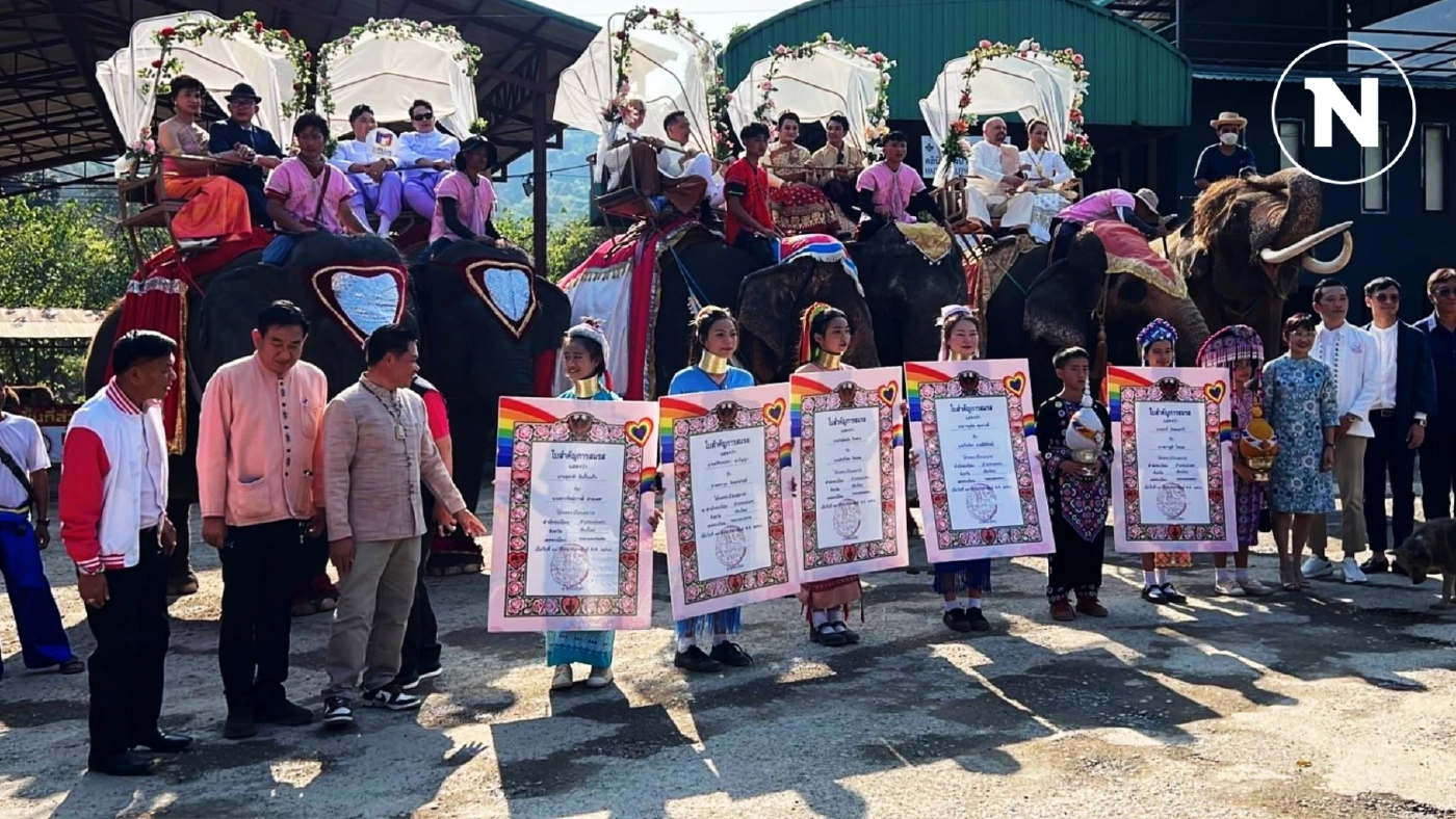 สุดอลังการ! "วิวาห์บนหลังช้าง" ต้อนรับ "วันแห่งความรัก" (มีคลิป)