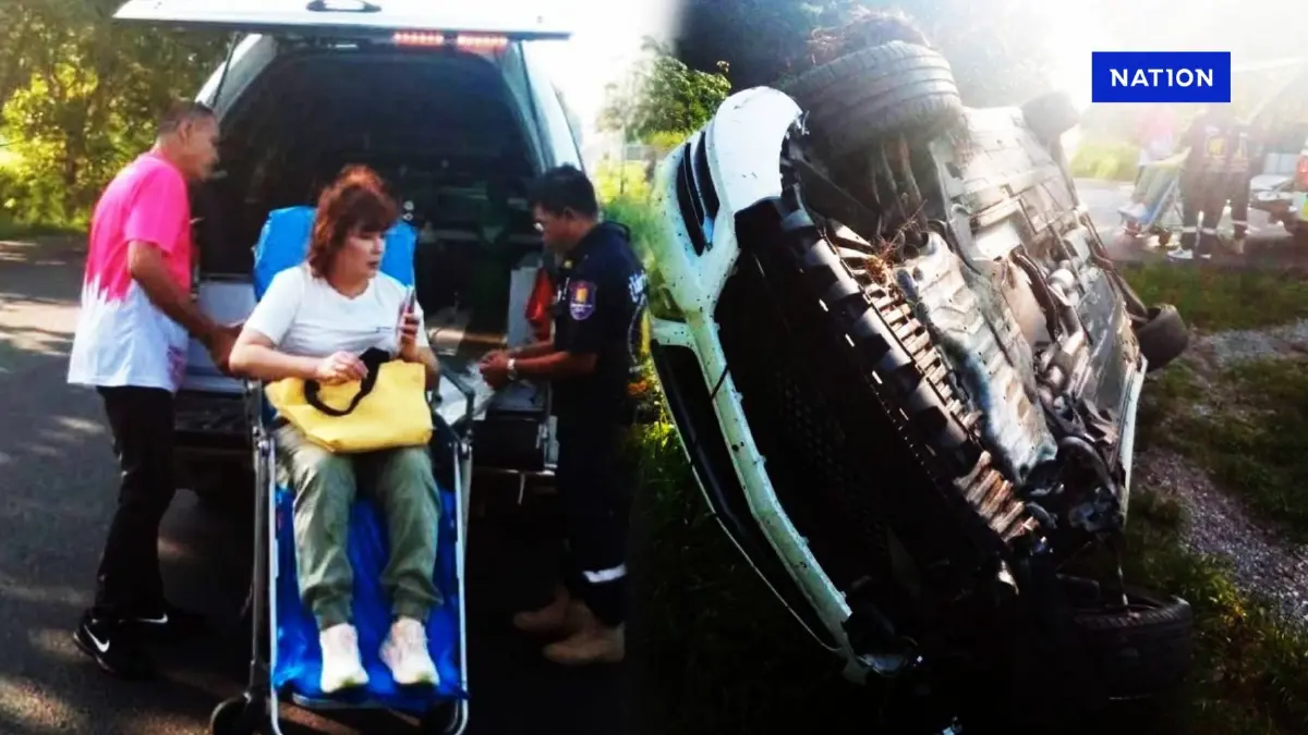 เปิดภาพ! "ดา ชฎาพร" นางเอกยุค 90 รถคว่ำ  เสียหลักลงร่องกลางถนน