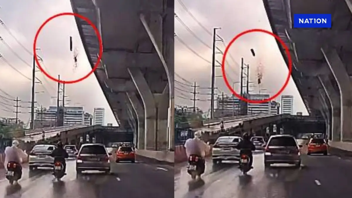 พระราม 2 ไม่แผ่วเลย! คลิประทึกวัตถุปริศนาตกจาก "ทางด่วน" ลงมากลางถนน