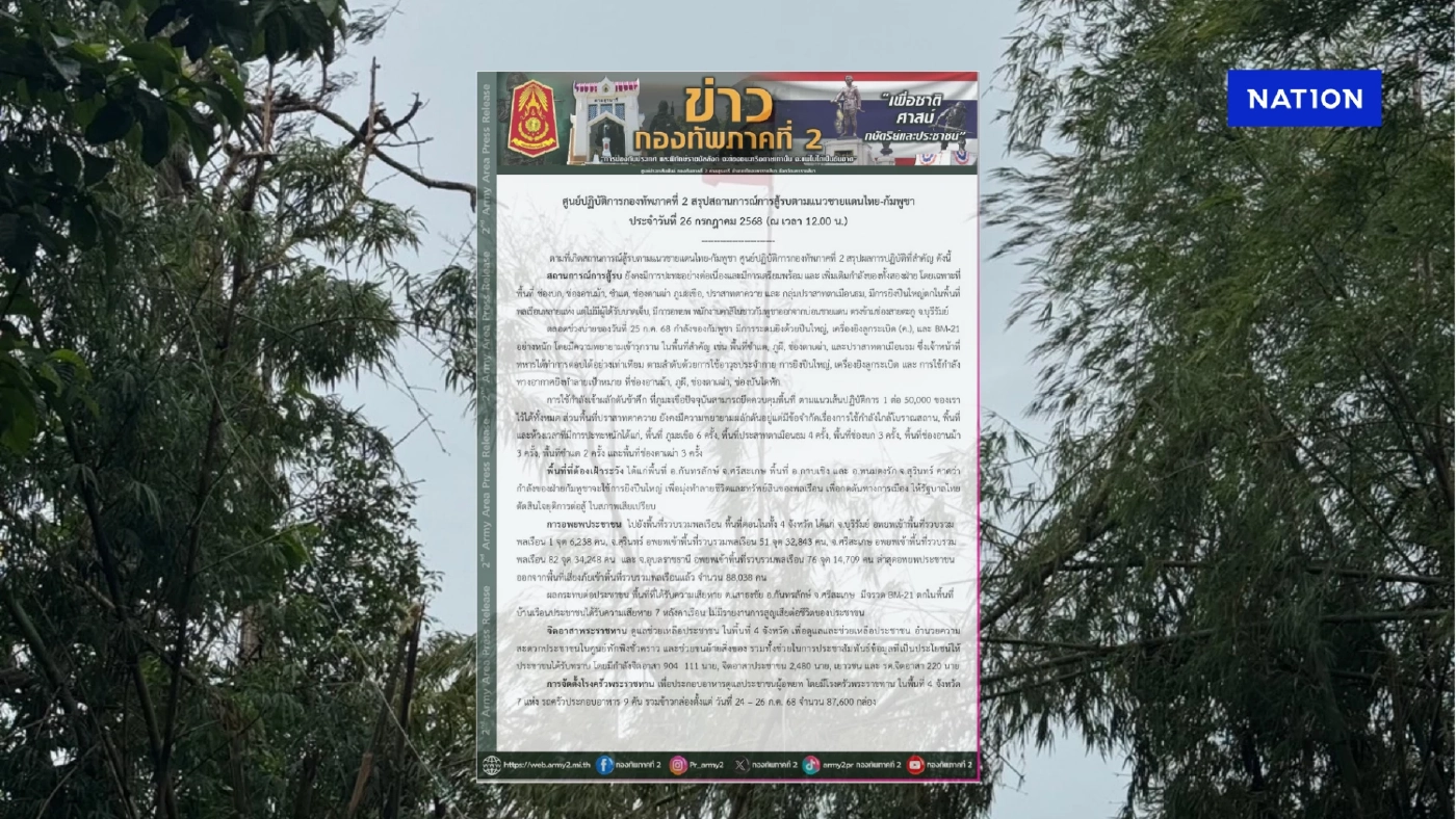 กองทัพภาคที่ 2  สรุปผลการปฏิบัติ รายงานสถานการณ์การสู้รบ