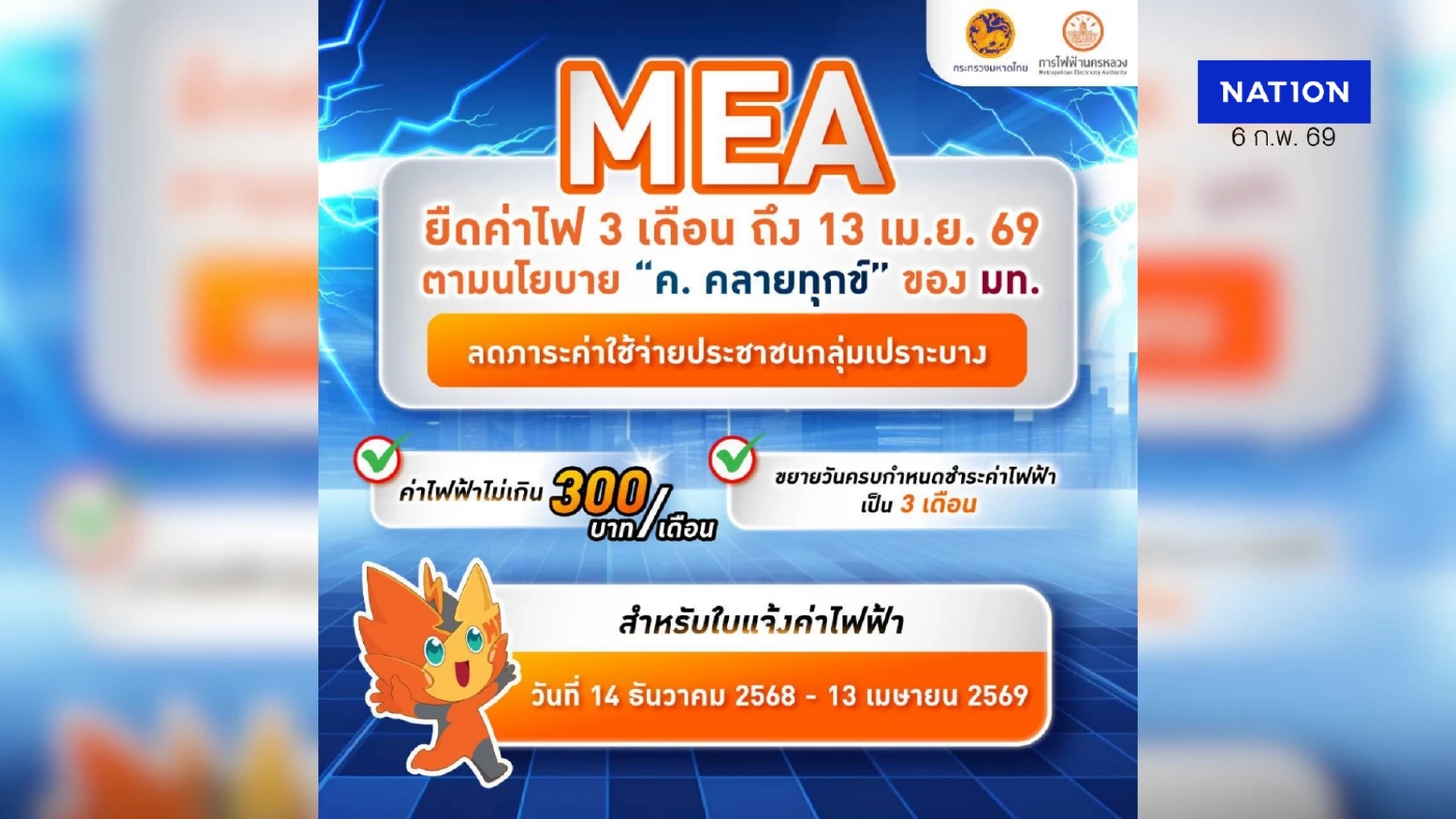 การไฟฟ้านครหลวง (MEA) เดินหน้ามาตรการ "ค. คลายทุกข์" ยืดเวลาจ่ายค่าไฟช่วยประชาชน