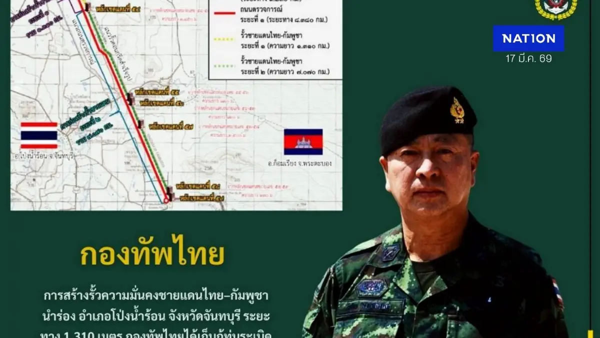 เสริมแกร่งอธิปไตย! "กองทัพไทย" เผย เริ่มก่อสร้าง "รั้วชายแดนไทย–กัมพูชา" ต้น เม.ย.นี้ นำร่องที่โป่งน้ำร้อน