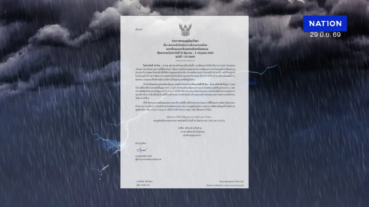 ประกาศฉบับที่ 7 อุตุฯ เตือนไทยรับมือฝนตกหนักถึงหนักมาก 29 มิ.ย. - 3 ก.ค. นี้