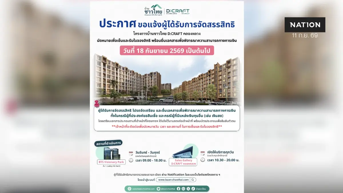 “บ้านชาวไทย” เปิดให้ผู้ได้รับการจัดสรรสิทธิฯ D:CRAFT KHLONG LUANG เข้าเซ็นและรับใบจองสิทธิ พร้อมยื่นเอกสารเพื่อพิจารณาความสามารถทางการเงิน เริ่ม 18 ก.ย.นี้ เป็นต้นไป “บ้านชาวไทย” เปิดให้ผู้ได้รับการจัดสรรสิทธิฯ D:CRAFT KHLONG LUANG เข้าเซ็นและรับใบจองสิทธิ พร้อมยื่นเอกสารเพื่อพิจารณาความสามารถทางการเงิน เริ่ม 18 ก.ย.นี้ เป็นต้นไป