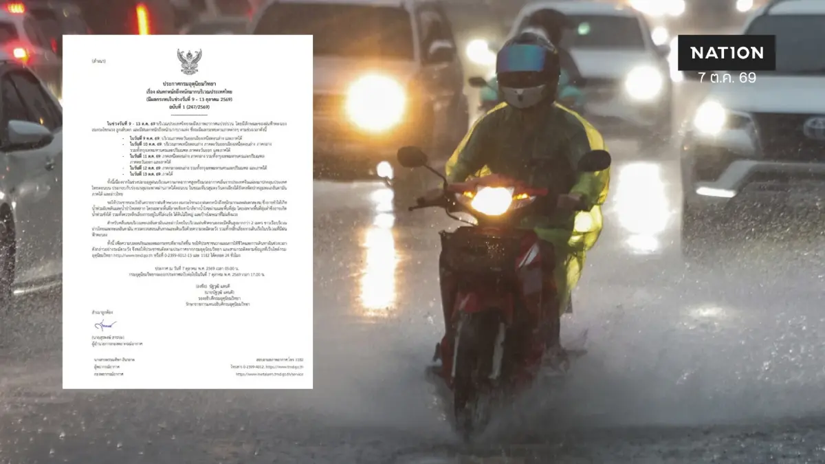 กรมอุตฯ ออกประกาศ เตือนฝนตกหนัก 9-13 ต.ค.นี้ เช็กด่วนพื้นที่เสี่ยงภัย